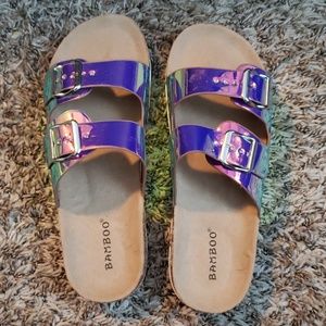 Iridescent slide on sandals